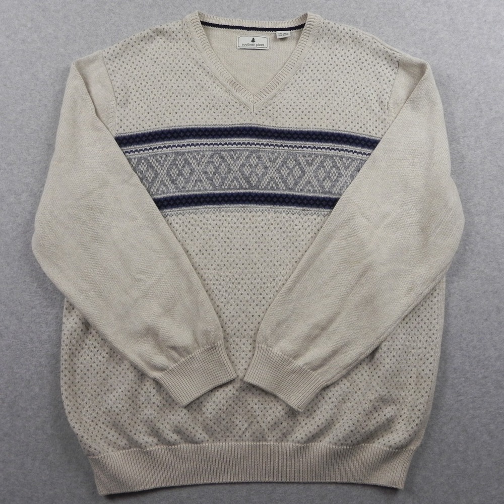 Southern Pines Sweater Mens 2XL XXL Pullover V-Neck Knit Beige Long Sleeve
